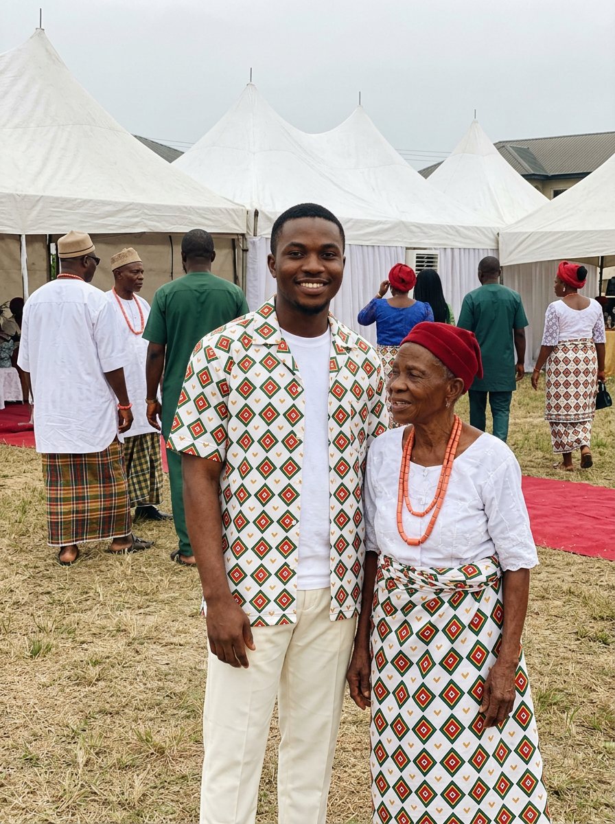 A young man in the diamond-print overshirt beside his grandmother in coral beads.
