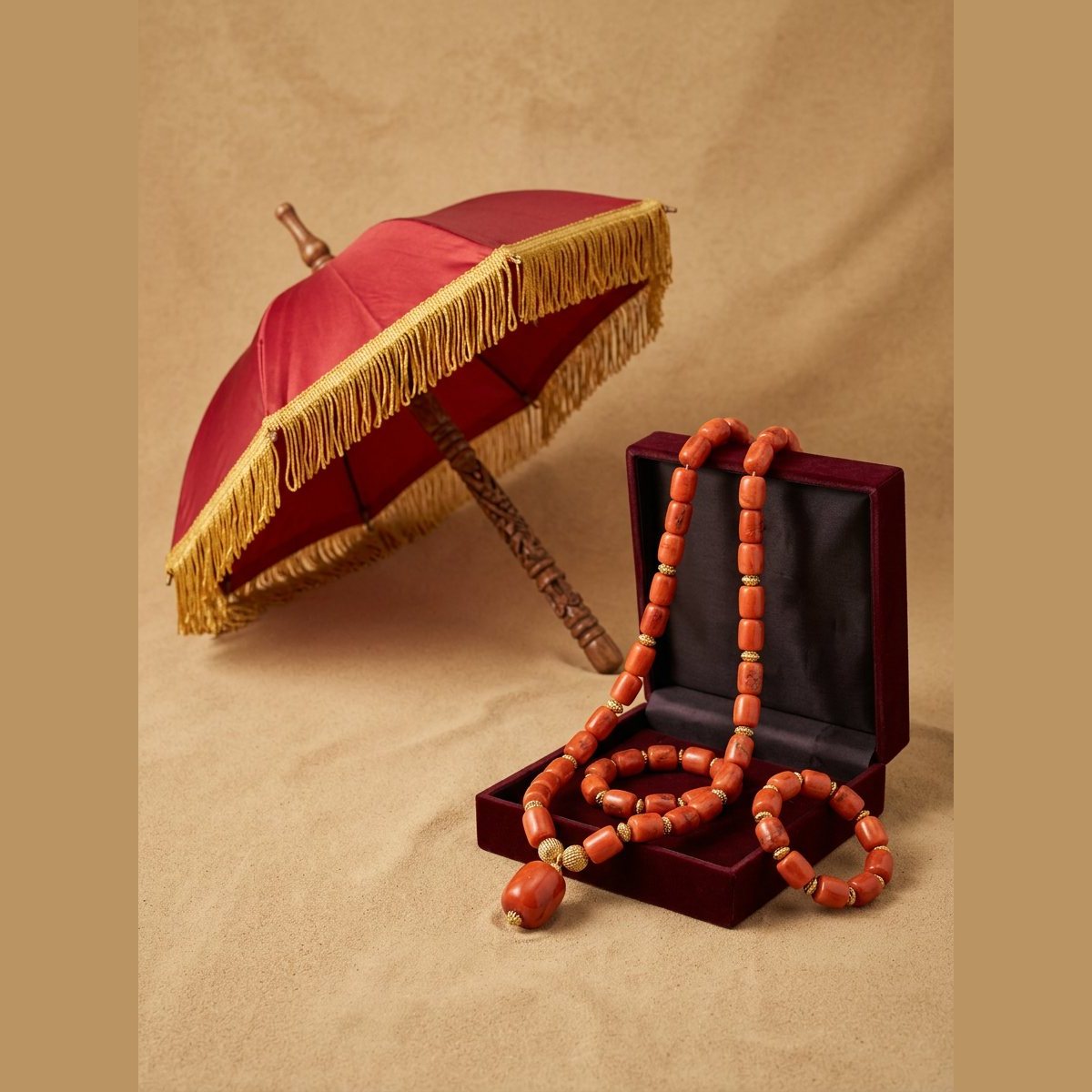 A red satin ceremonial umbrella with gold tassel fringe and a carved wooden shaft, beside a coral bead set.
