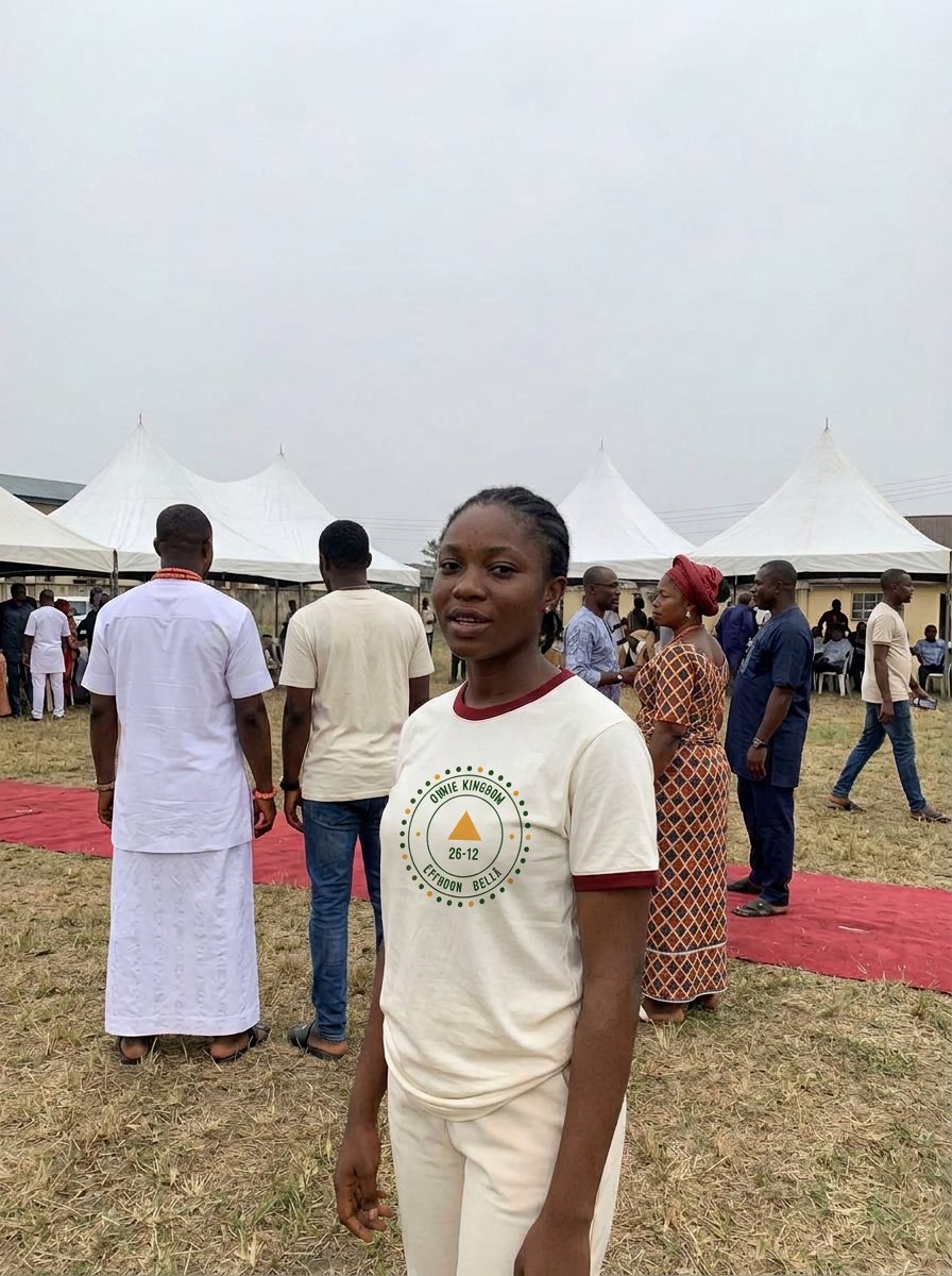 A young woman in the ivory crest ringer baby tee at the festival.