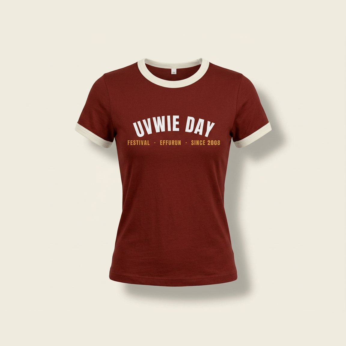 Fitted oxblood tee with ivory collar and cuffs and the UVWIE DAY arch.