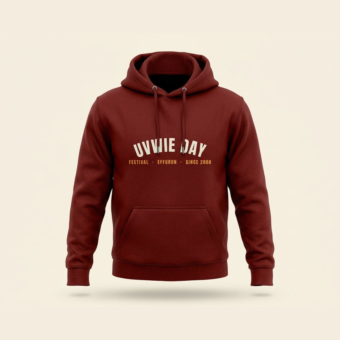 Oxblood hoodie with UVWIE DAY arched across the chest in ivory.