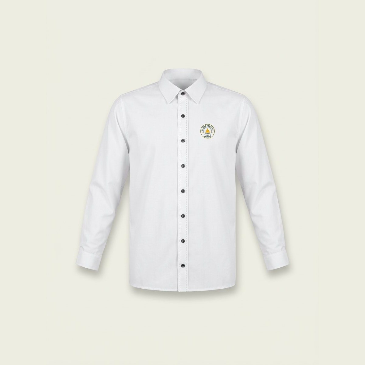 A long-sleeved white poplin shirt with a small embroidered crest on the chest.