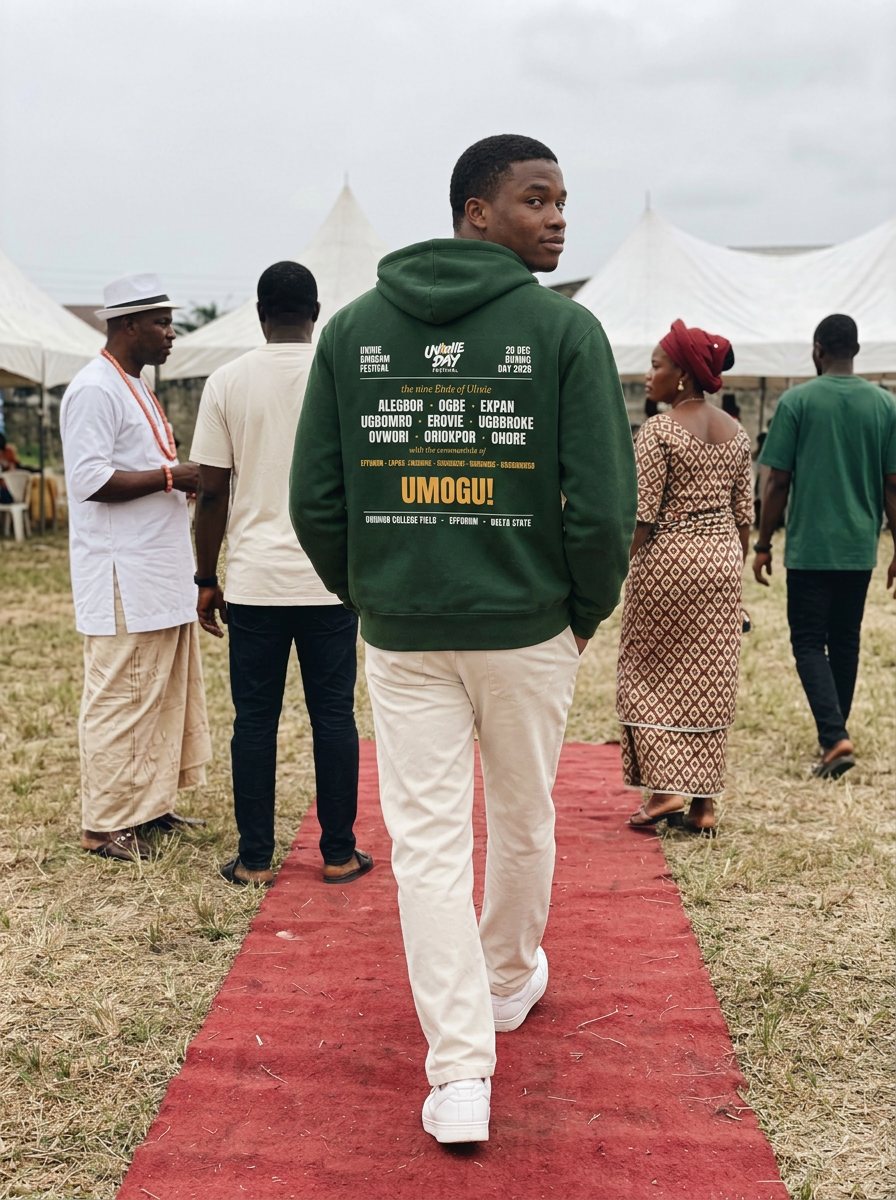 A young man walking between the tents in the forest Nine Etche lineup hoodie.