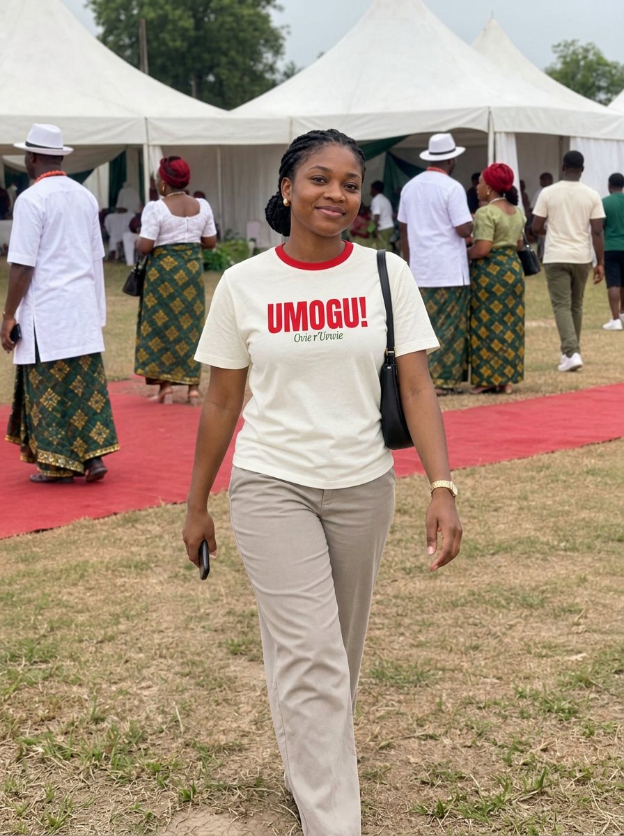 A young woman walking the grounds in the ivory UMOGU! tee.