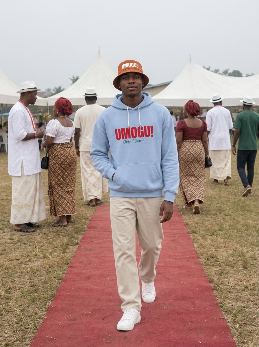 A young man on the red carpet in the sky UMOGU! hoodie and burnt orange bucket hat.
