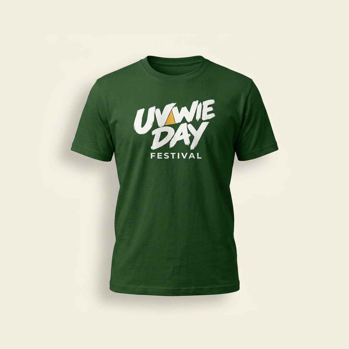 Forest green tee with the ivory and gold Uvwie Day Festival logo.
