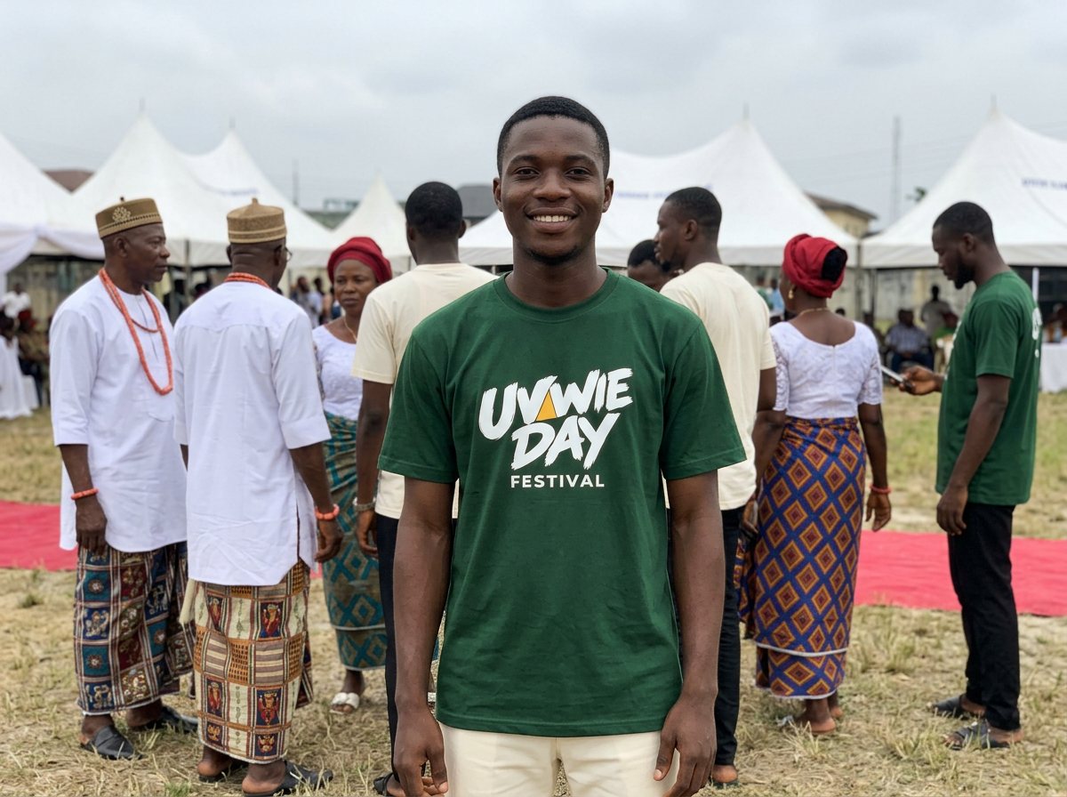 A young man in the forest green Uvwie Day tee standing on the festival ground.