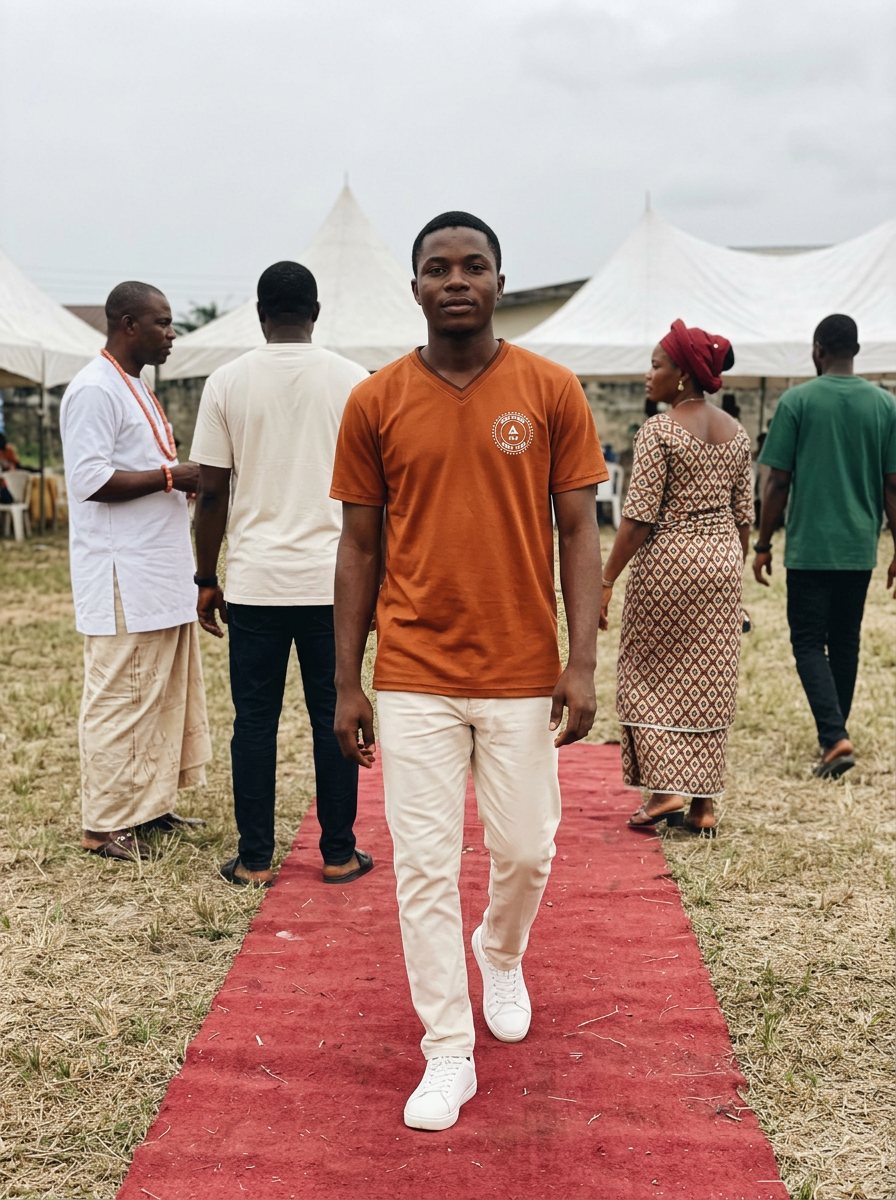 A young man walking the red carpet in the burnt orange home jersey.